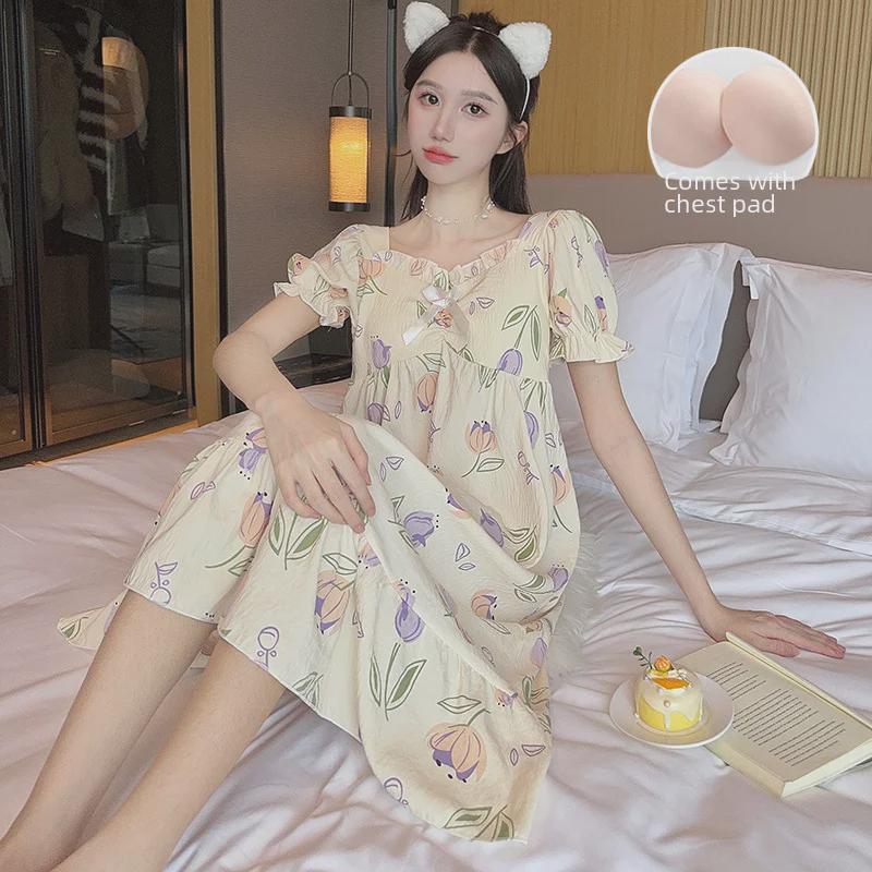 Women's Sweet Fairy Style Cloud Cotton Nightdress with Chest Pads