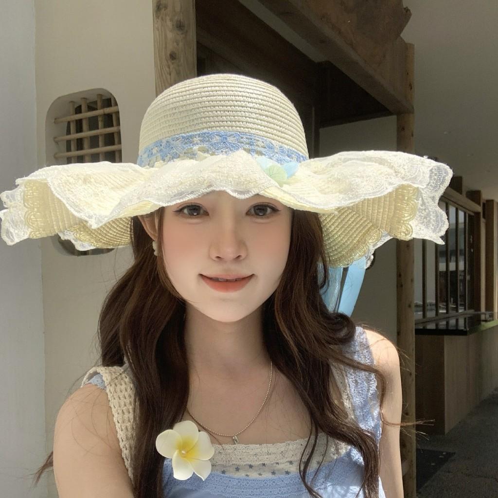 Summer Women Blue Lace Butterfly Bow Sun Hat With Wide Brim For Beach And Vacation