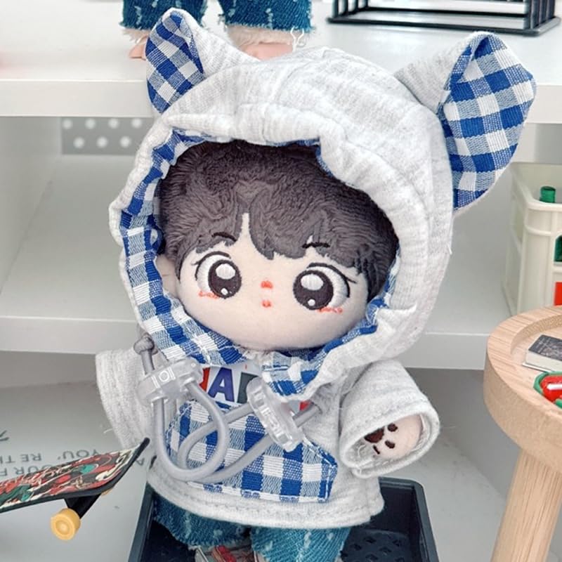Plüschkleidung, Gingham-karierter Kapuzenpullover mit Katzenohren für 10 cm Plüschtiere, Grau, Oshikatsu-Artikel [Gebraucht]