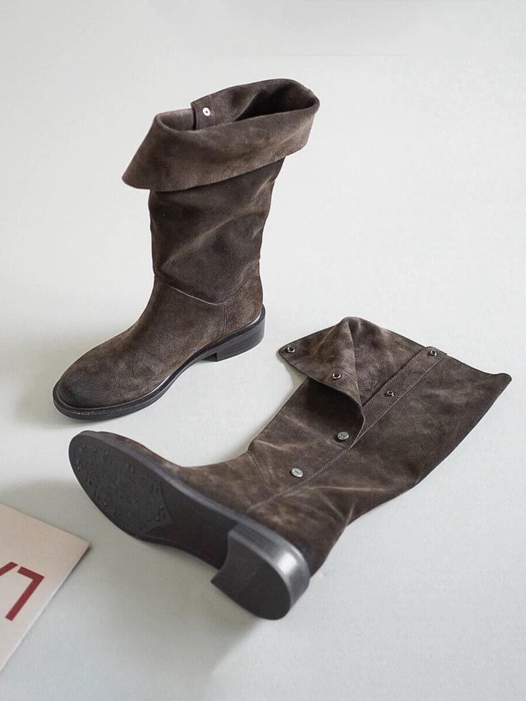 Sheepskin Version~ Retro Suede Round Head Thick Heel Stacking Boots Medium and High Boots Women Fold Two Wear Western Cowboy Boots