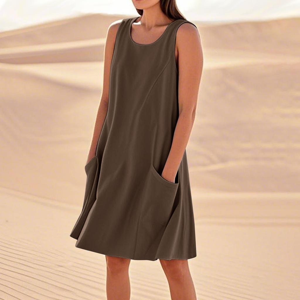 Sommerkleider für Damen, lockerer Strandurlaub, lässig, ärmellos, Sommerkleider mit Taschen, Tankkleid