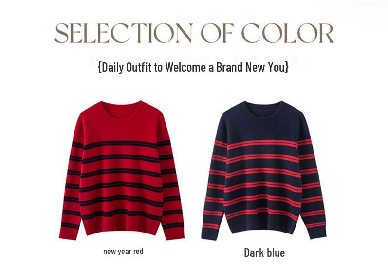 Women's 100% Pure Wool Color Block Stripe Round Neck Sweater - Warm, Casual Knitwear for New Year