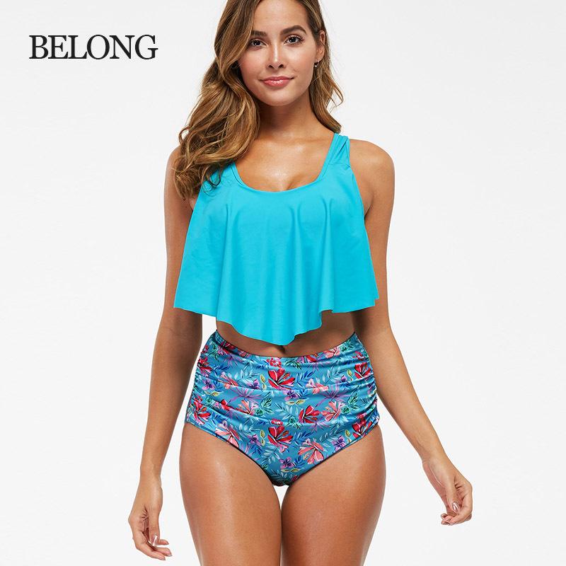 Large Size Women's Fashion Modest Two Pieces Swimsuit Padded Ruffled Top High Waisted Bottom Swimwear Set Printed Backless Tankini Bathing Suit