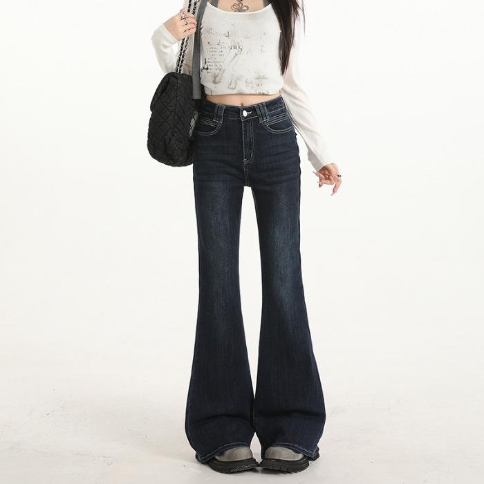 Dark blue high-waisted slightly pulled jeans women's American non-stick leg elastic Spice girl straight-leg flared pants