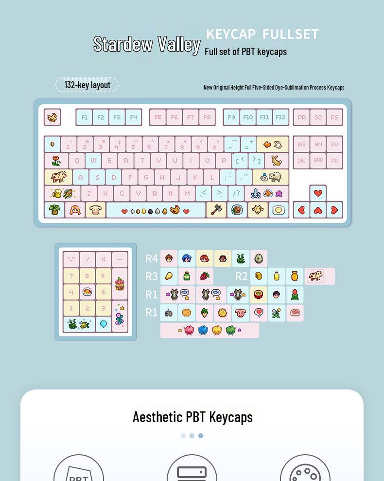 Stardew Valley Pixel Art Keycap Set: Five-Sided Dye-Sublimation PBT, Universal Fit, Durable & Waterproof for Mechanical Keyboards