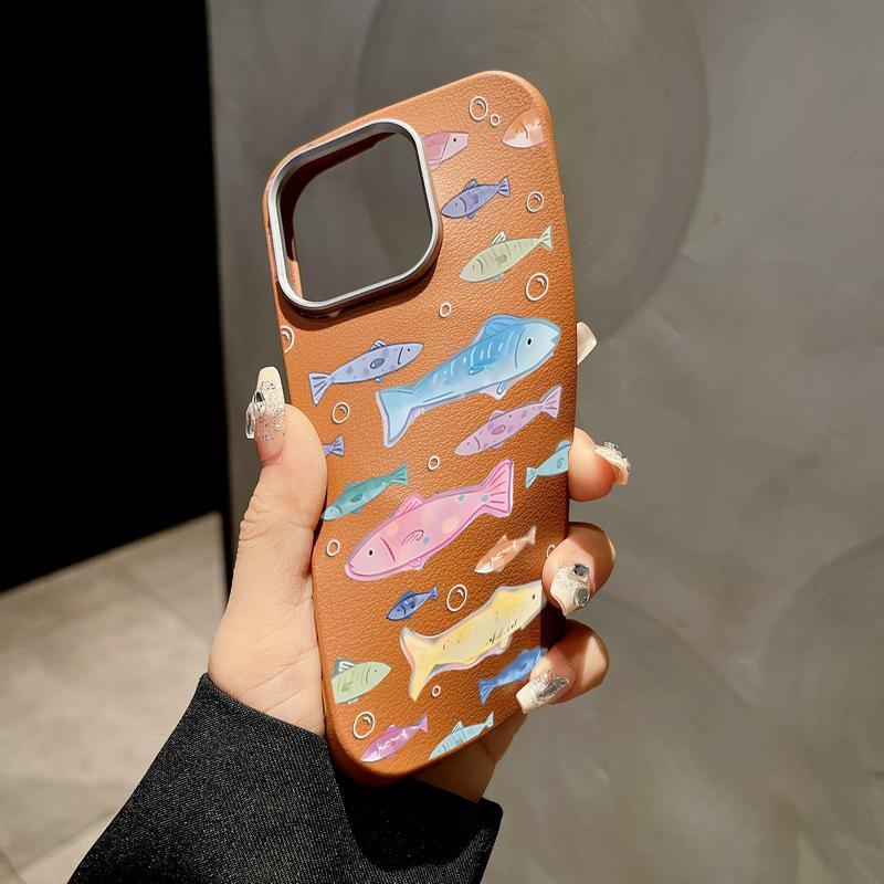 Cute Little Fish Phone Case For iPhone 16 Cases for iPhone 15 14 13 Pro Max 16e Magnetic For Magsafe Wireless Charge Leather Texture Silicone Cover
