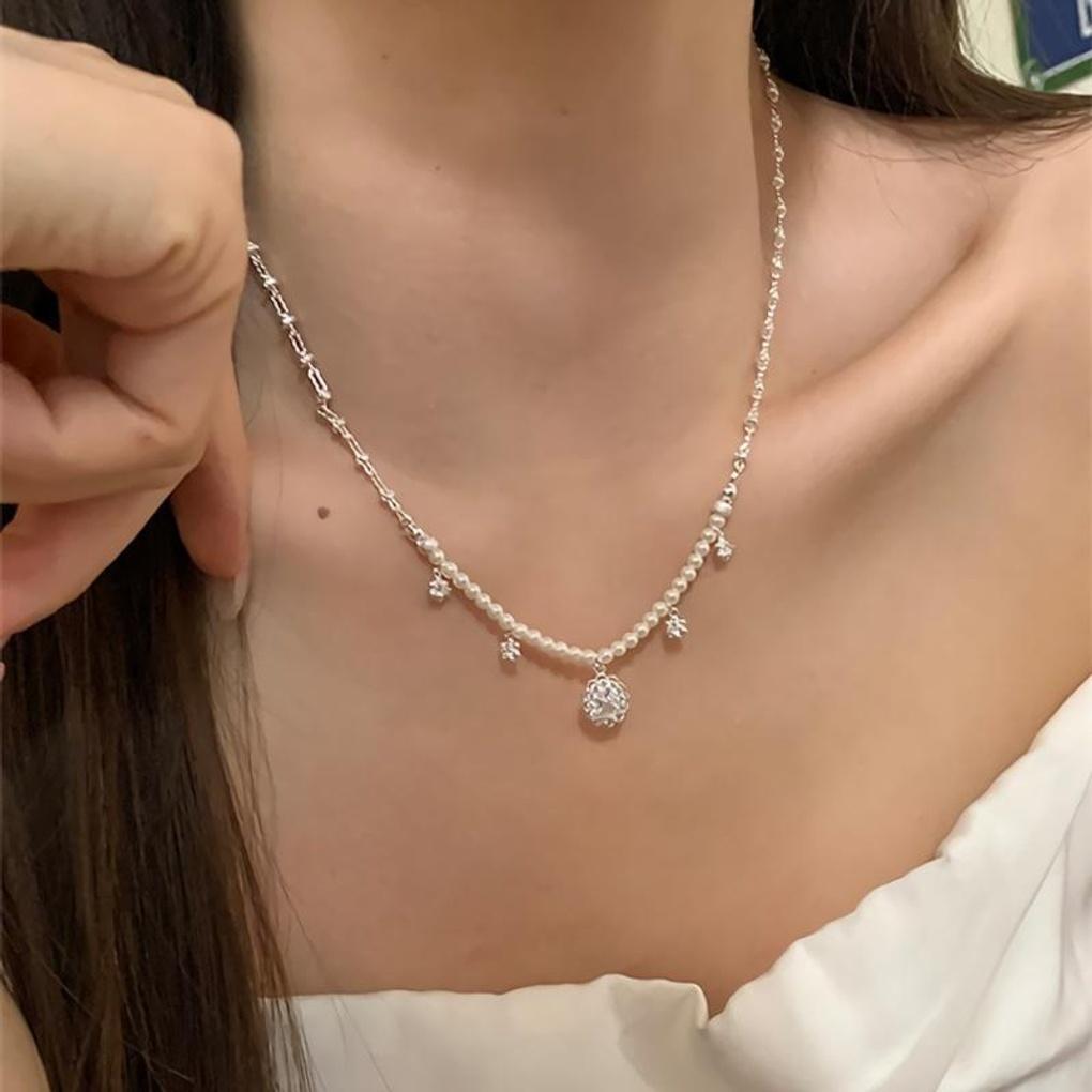 Women's Cubic Pearl Mix Tassel Chain Necklace