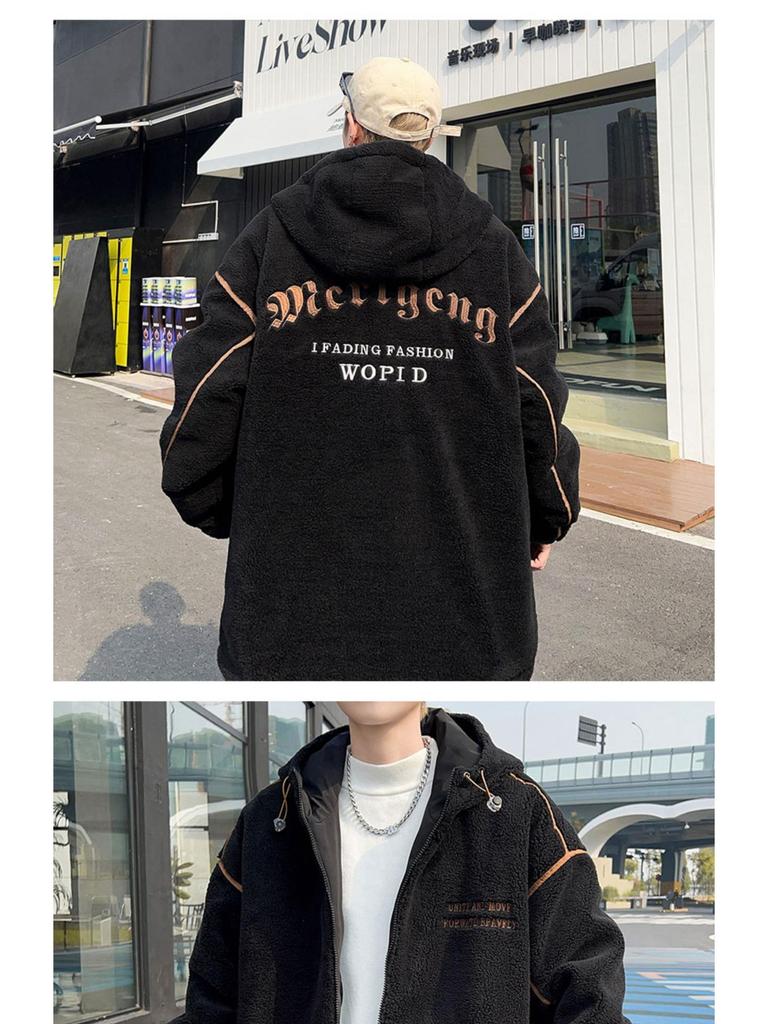 Men's Lambswool Hooded Coat, Autumn/Winter Embroidered Thick Cotton Jacket, Trendy Couple Style.