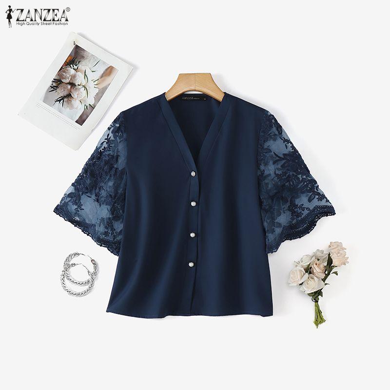 ZANZEA Women Lace Splice Half Sleeve Casual V-Neck Elegant Blouse