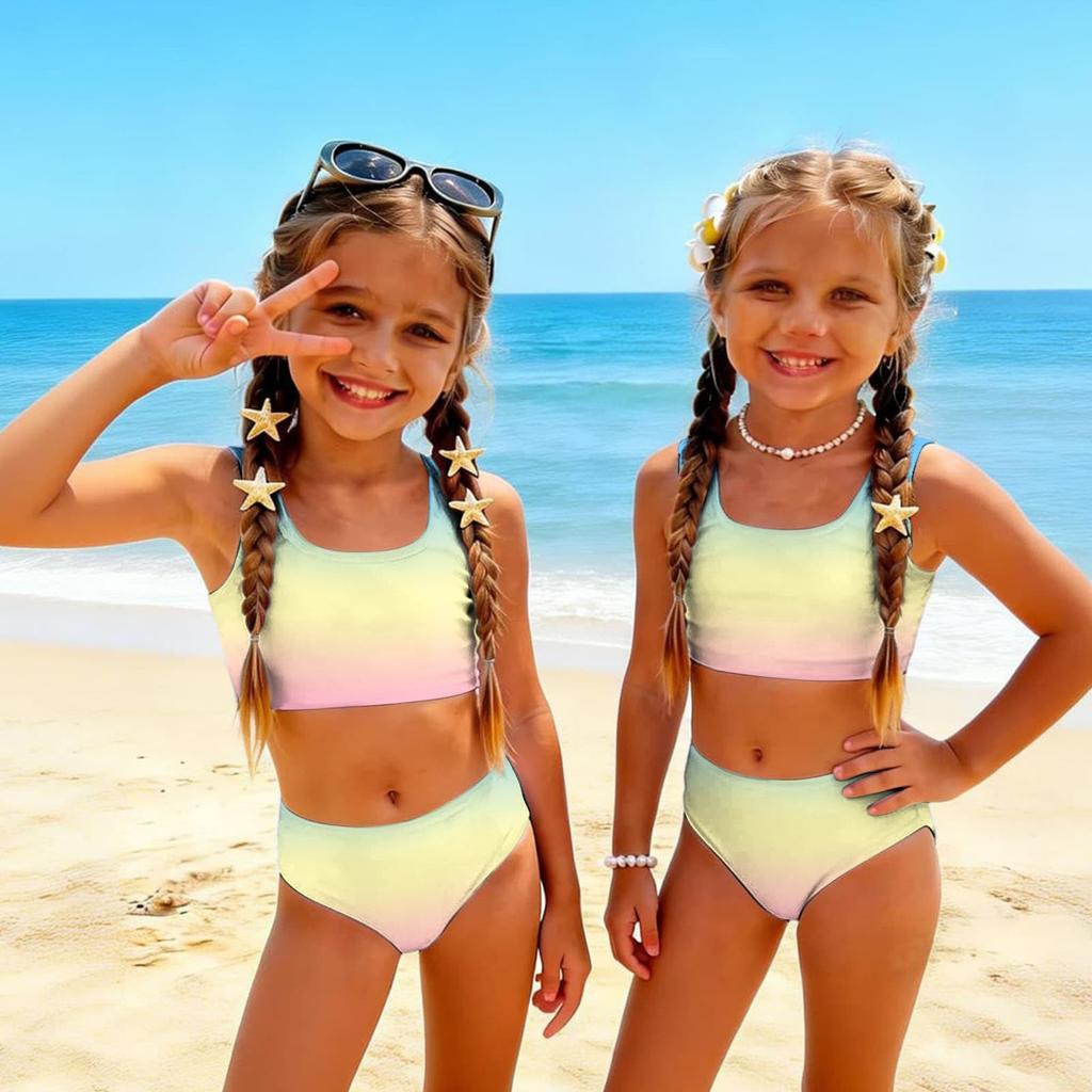 Girls Two Piece Swimsuit Set Gradient Print Sleeveless Crop Top and High Waist Bottoms Summer Beach Swimwear for Kids