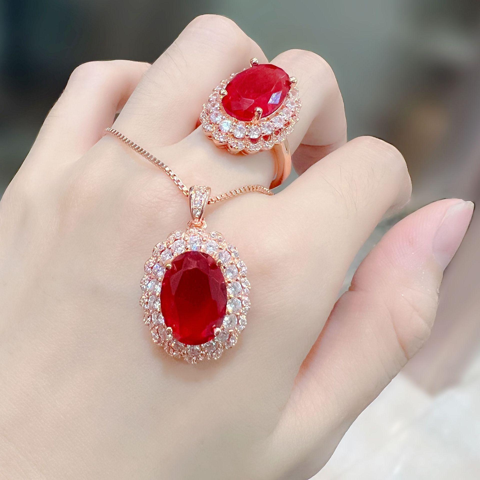 

Flower Wedding Jewelry Set with Four Claw Zirconia Red Treasure Ring Pendant Necklace