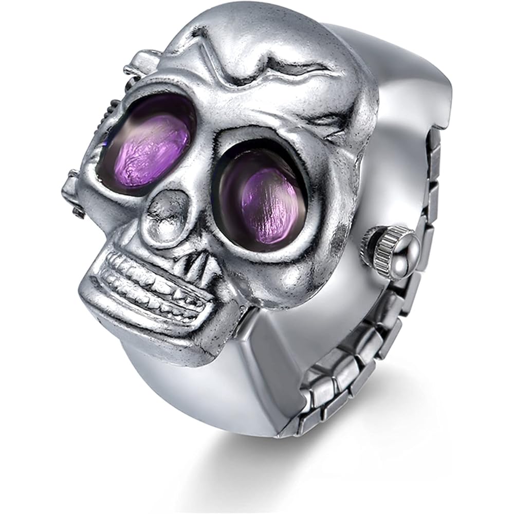 Lancardo Skull Ring Watch Free Size Analog Accessory for Men and Women with Cover Silver Purple