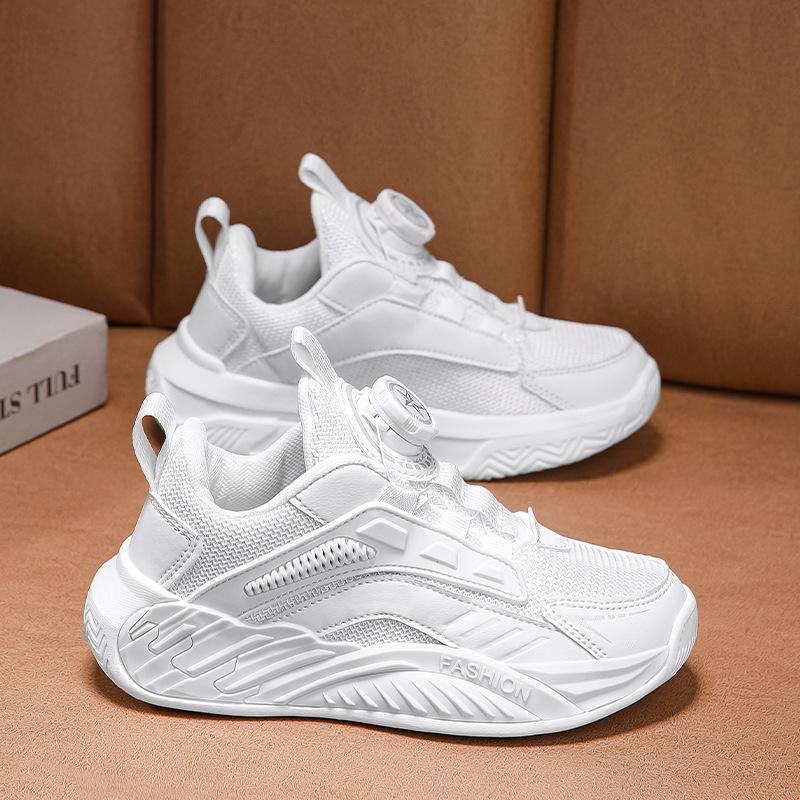 Children's little white shoes campus June 1 performance boys and girls white button sports shoes medium and older children's breathable running shoes