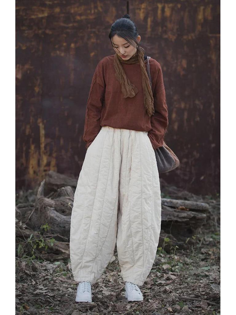 Women's Quilted Cotton-Linen Bloomers: Warm, Loose Carrot Pants for Autumn/Winter