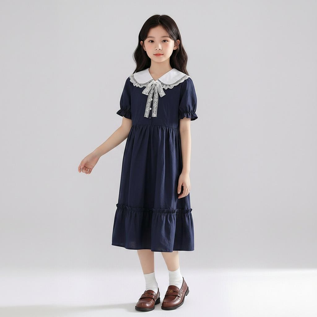 Girls' Summer Fashion Dress - Doll Collar Short Sleeve Midi Princess Style