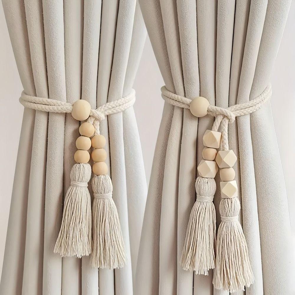 2Pcs with Tassels Curtain Tiebacks Wooden Bead Fixed Curtain Tying Rope Simple Nordic Curtain Hooks Home Decor Accessories