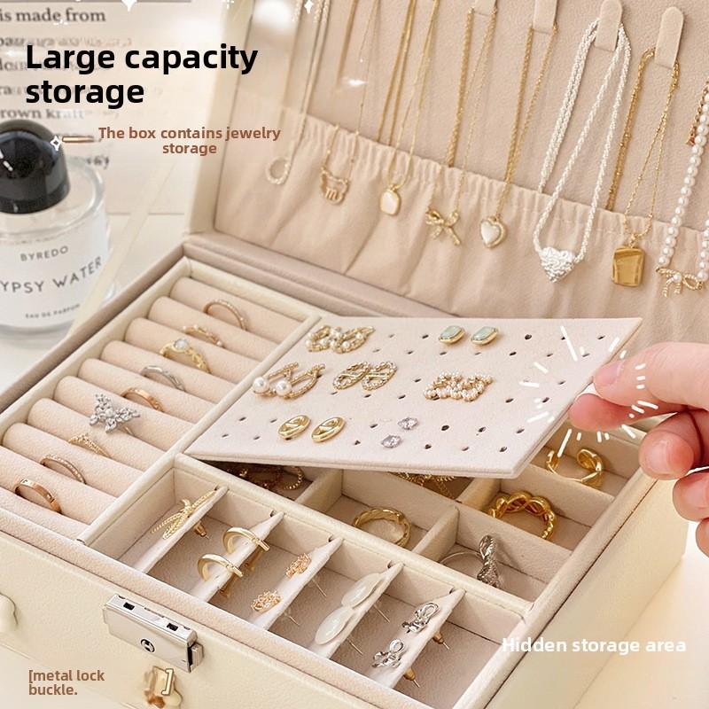 High-end Leather Double-layer Jewelry Box Necklace Ring Jewelry Stud Earrings Display Jewelry Storage Box with Lock