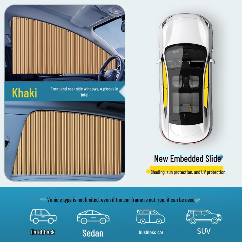 Automatic Retractable Car Sunshade Curtain with Embedded Blackout Privacy and Magnetic Track for Side Windows