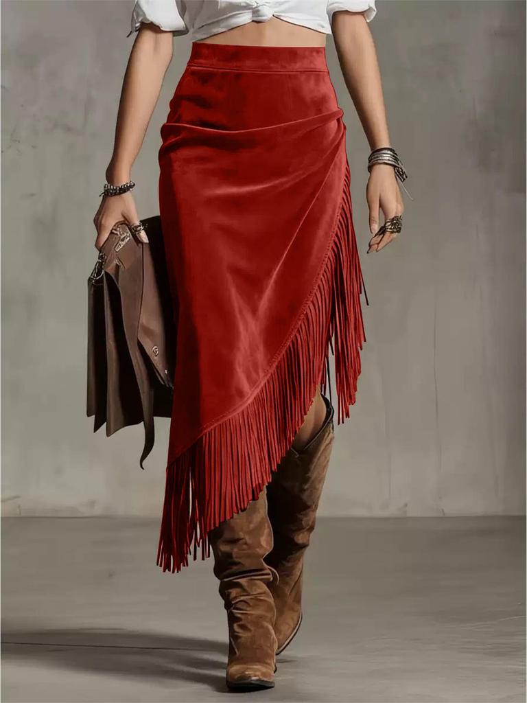 Retro Western European Suede Skirt with Irregular Design, Solid Color, 2026 Style