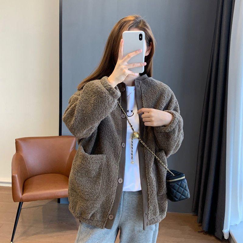 Women's Lamb Wool Fleece Loose Cardigan Top Versatile Warm Autumn Winter Sweatshirt Thickened Jacket