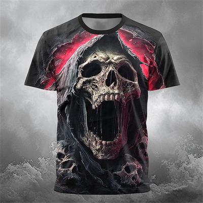 Herren-T-Shirt mit Totenkopf-Print Sommer Rundhalsausschnitt Kurze Ärmel Modisches Lockeres T-Shirt Vintage Herren Streetwear Kleidung
