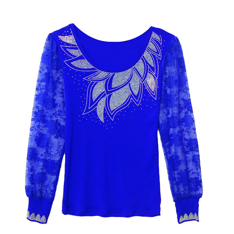 Spring Autumn Women's Hotfix Rhinestone Flower Lace Sleeve Patchwork T-Shirt Elegant Full Sleeve Tees Slim Ladies Tops