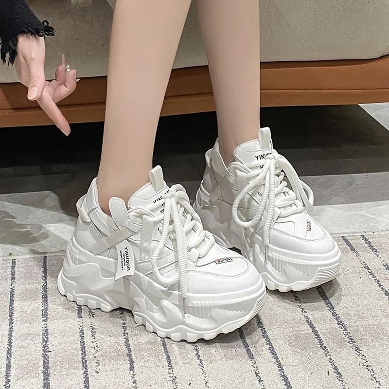 Large size 42 New Women Casual Platform Sneakers High Heels 8CM Autumn Sports Leather Shoes Breathable Trainers Chunky Sneakers