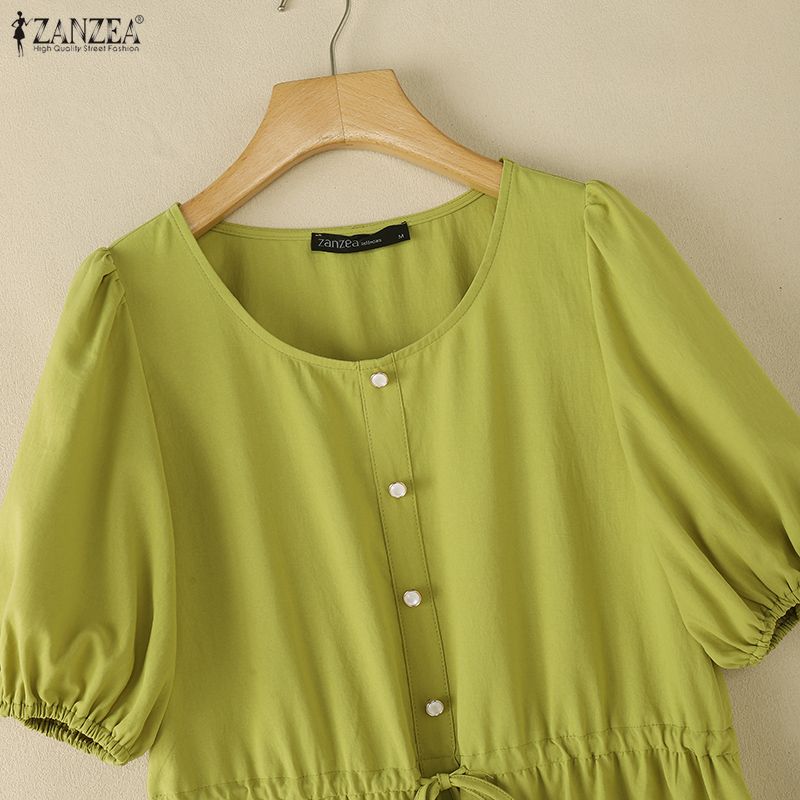 ZANZEA Women Casual Round Neck Solid Color Short Sleeve Dress