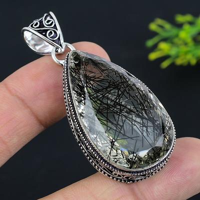 Natural Black Rutile Gemstone Handmade 925 Sterling Silver Pendant 2.29" H2z73