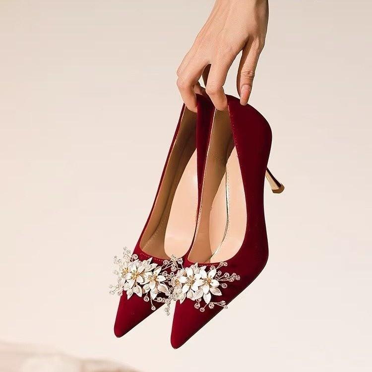 Classic Leisure Pumps for Women Slip on Thin High Heels Pointed Toe Wedding Women Shoes Crystal Bling Flower Summer Shoes