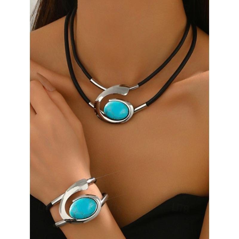 Simia style necklace and bracelet set, double black rope design, with oval black rhinestone pendant, ladies fashion jewelry