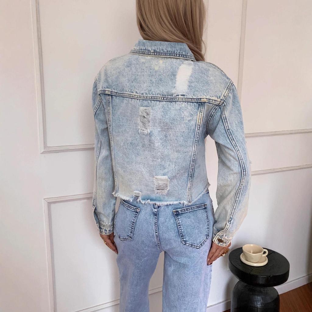 2026 Spring/Summer Women's Button Washed Ripped Raw Edge Denim Top