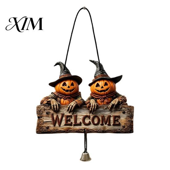 Rustic Holiday Door Sign Halloween Wooden Welcome Hanging Sign, Vintage Farmhouse Hanger with Skeleton Pumpkin Seasonal Window Ornament Ghost,