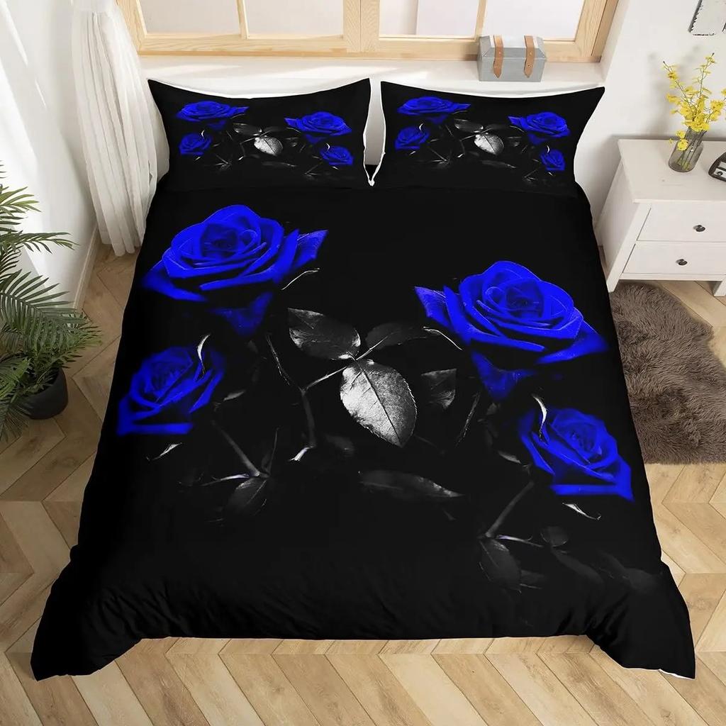 Royal Blue Roses Bedding Set Valentine's Day Flower Duvet Cover Girls Lovers Couple Comforter Cover Floral Polyester Quilt Cover