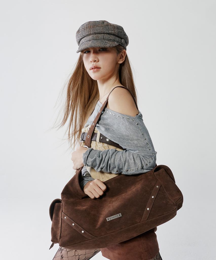 Peanut Loop Stud Buckle Suede Bag Brown