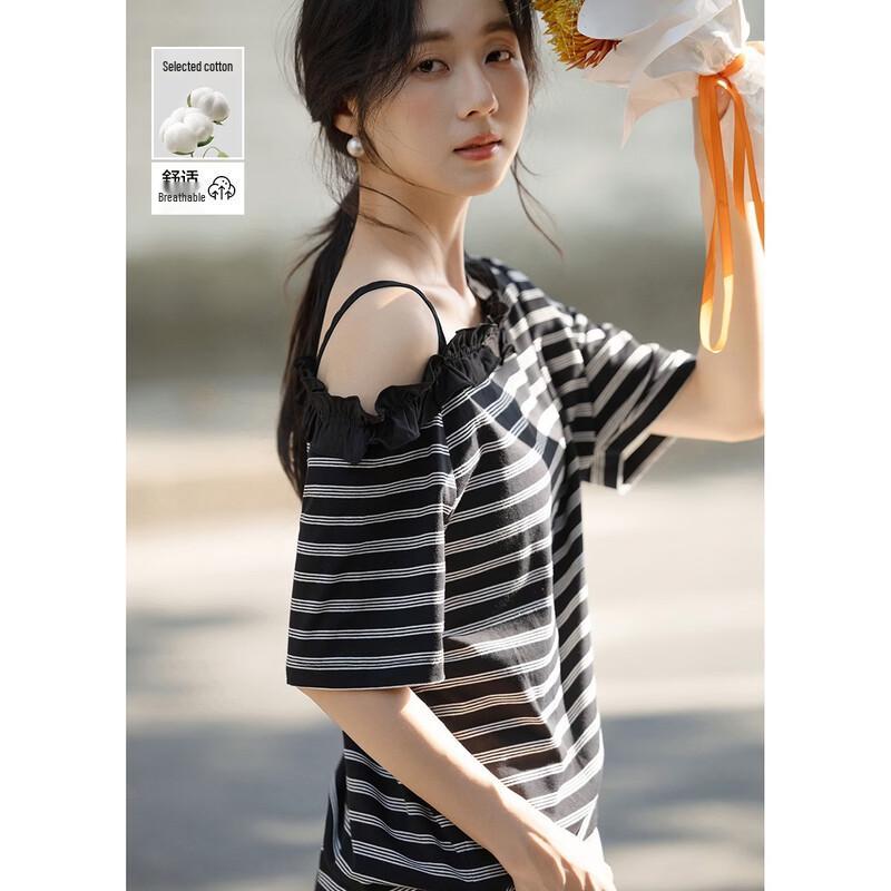 Demana Women s Cotton Blend Striped Ruffle Off-Shoulder Tee L