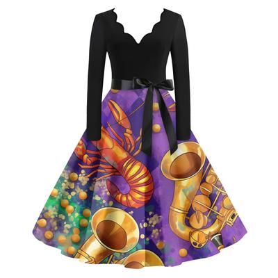 Damen Casual Mode V-Ausschnitt Langarm Bedruckt Vintage Langes Kleid