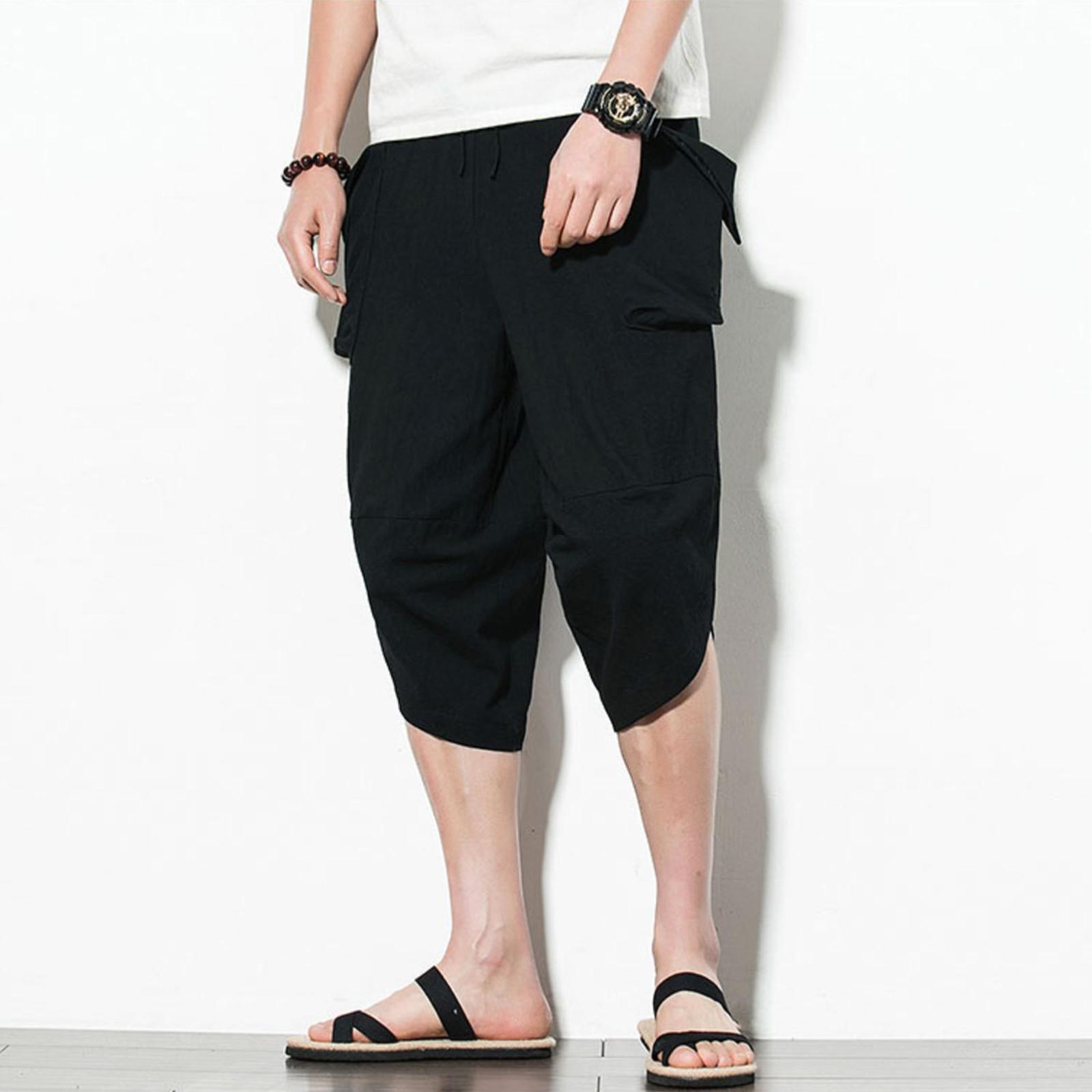 Men s Casual Fashion Color Cotton Linen Pants Big Pocket Cropped Pants XXXXXL чёрный