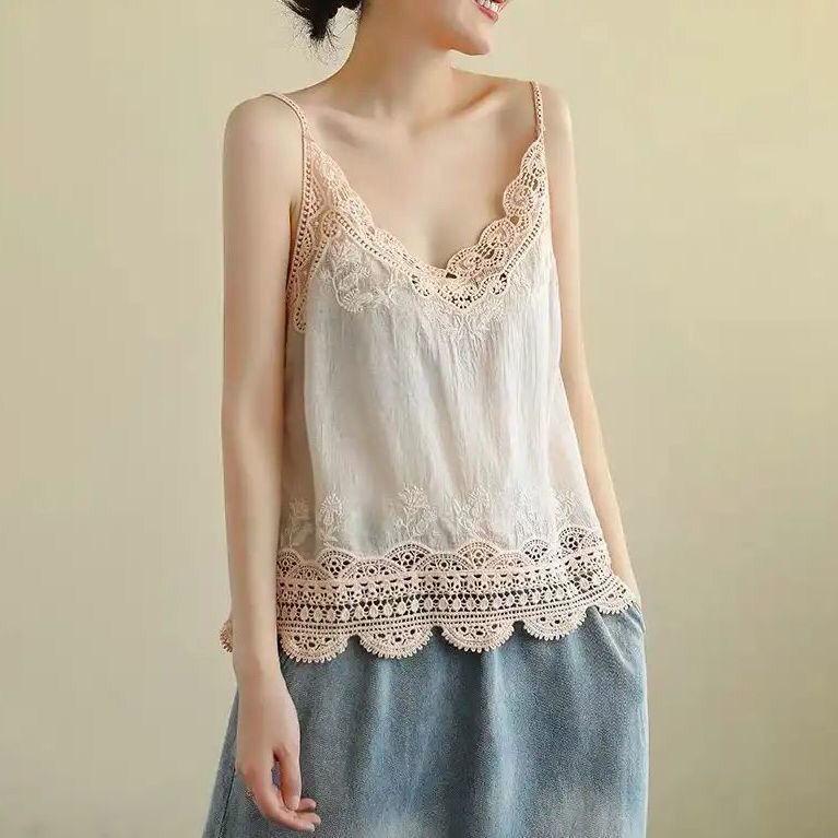 Sommer Retro Baumwolle und Leinen Camisole Künstlerisch Schlicht Dünn Vielseitiges Basic-Shirt Waldspitze Weste für Damen