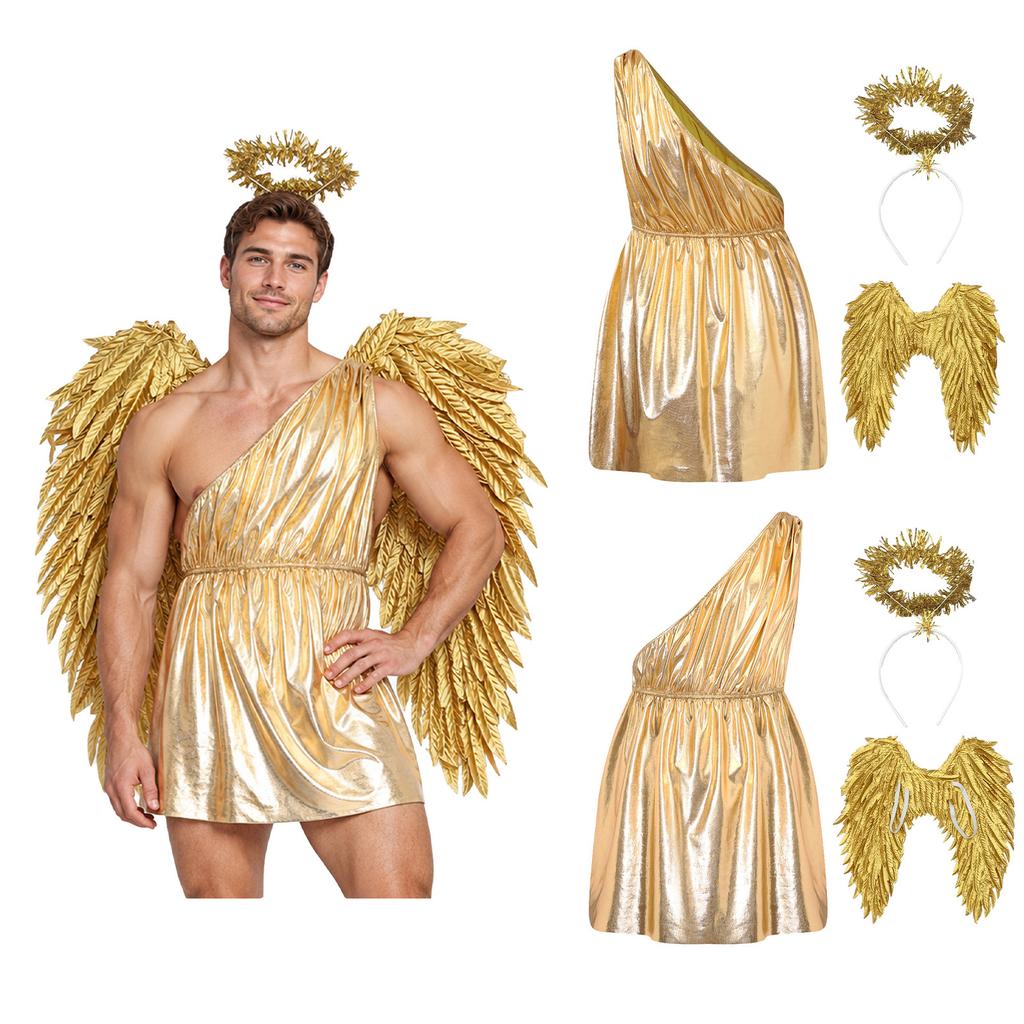 Costume Toga Greco Romano Mitologico da Uomo Tunica Metallizzata Monospalla con Ali e Copricapo per Festa Cosplay di Halloween