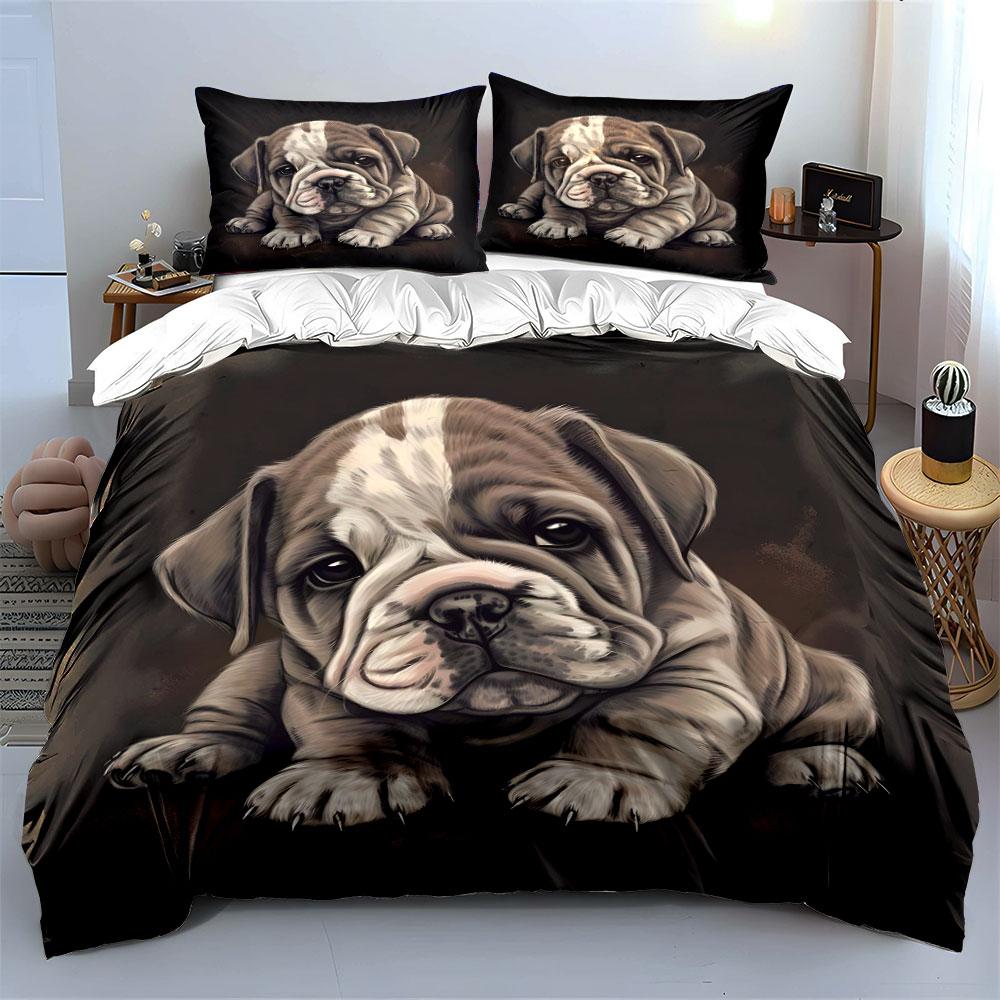 Adorable Bulldog Puppy Print Bedding Duvet Cover Set (1*Duvet Cover 2*Pillowcases, without duvet insert)