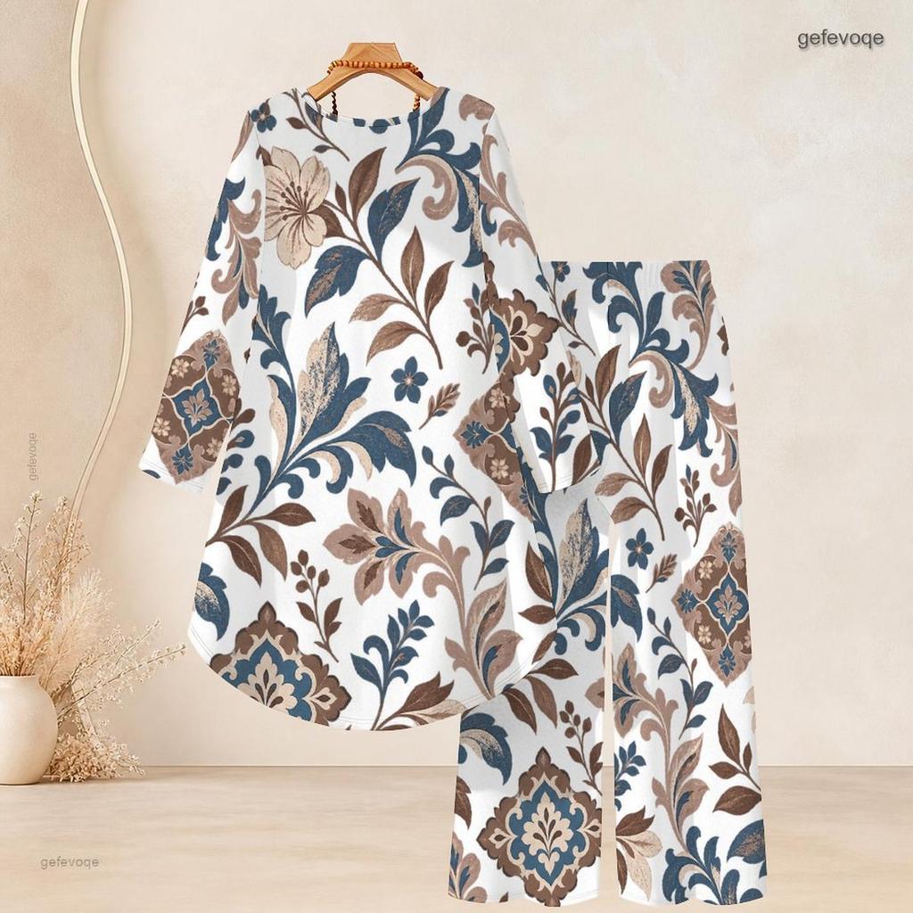 Women Plus Size Round Neck Long Sleeve Printed High Low Top Wide Leg Pants Two Piece Set