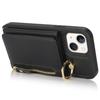 For iPhone 13 Mini Case Card Bag Zipper Pocket Leather+TPU Ring Holder Phone Cover with Long Strap