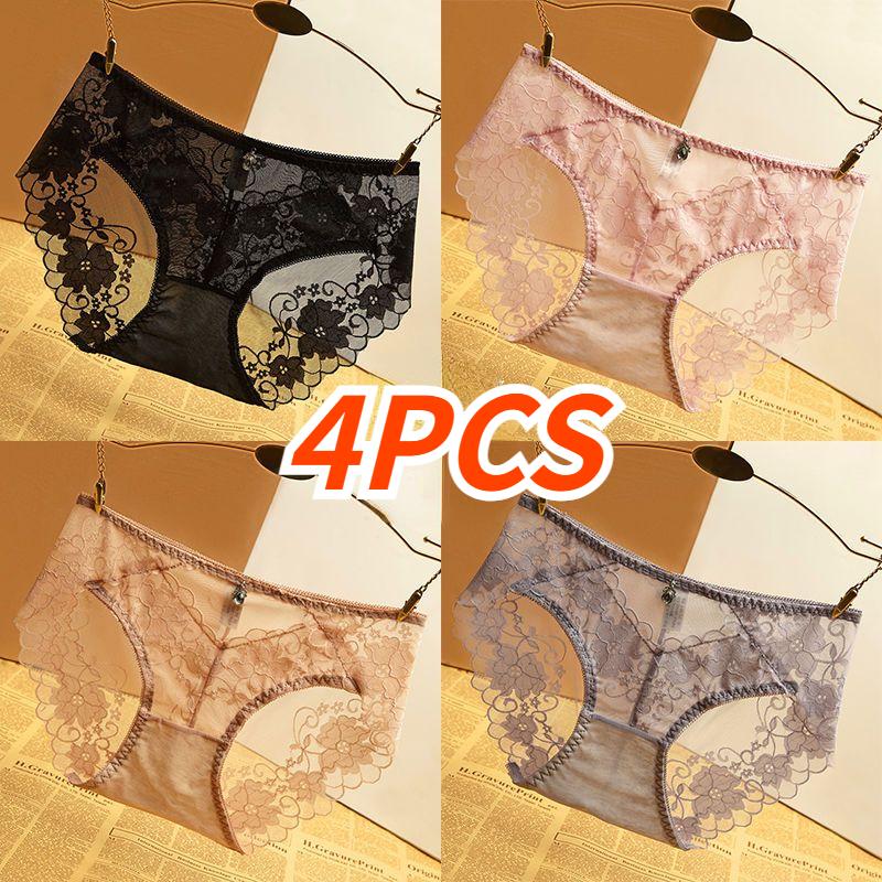 4PCS Women Sexy Lace Panties Female Underpants Breathable Lingerie Temptation Transparent Intimates Underwear