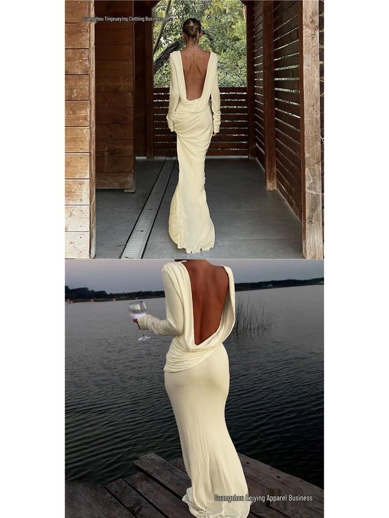 Elegant European & American Women's Backless Long Sleeve Evening Gown - Autumn/Winter Collection