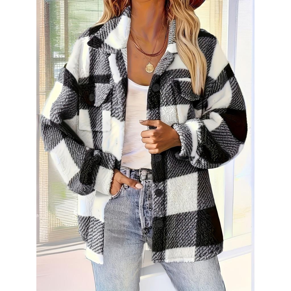 Ladies' Plush Fleece Winter Coat - Grid High Stretch Coat, Middle Eastern Elegant Collection, Machine Washable for Autumn and Winter