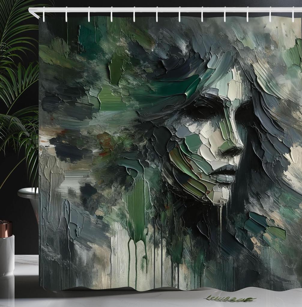 Sage Green Shower Curtain, Hexagon Honeycomb Pattern with Abstract Trippy Ornaments Jade Tones, Cloth Fabric Bathroom Decor Set