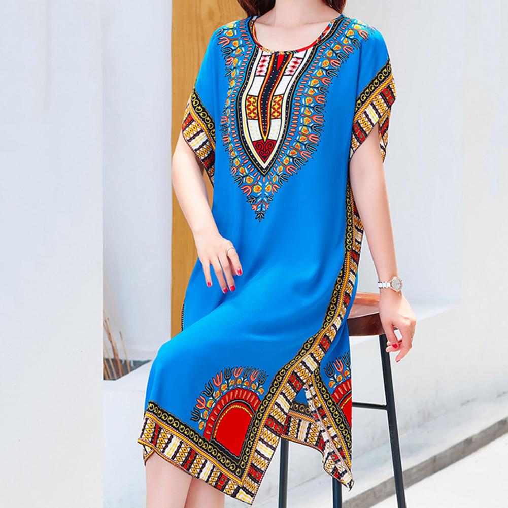 Sommer Ethnischer Stil Damenkleid Rundhalsausschnitt Druck Kontrastfarbe Geometrischer Druck Pullover Locker Kurze Ärmel Midi-Kleid