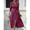 Women's Turn Down Collar Three Quarter Sleeve A-Line Maxi Dress High Waist Commuter Printed Shirt Midi Dress