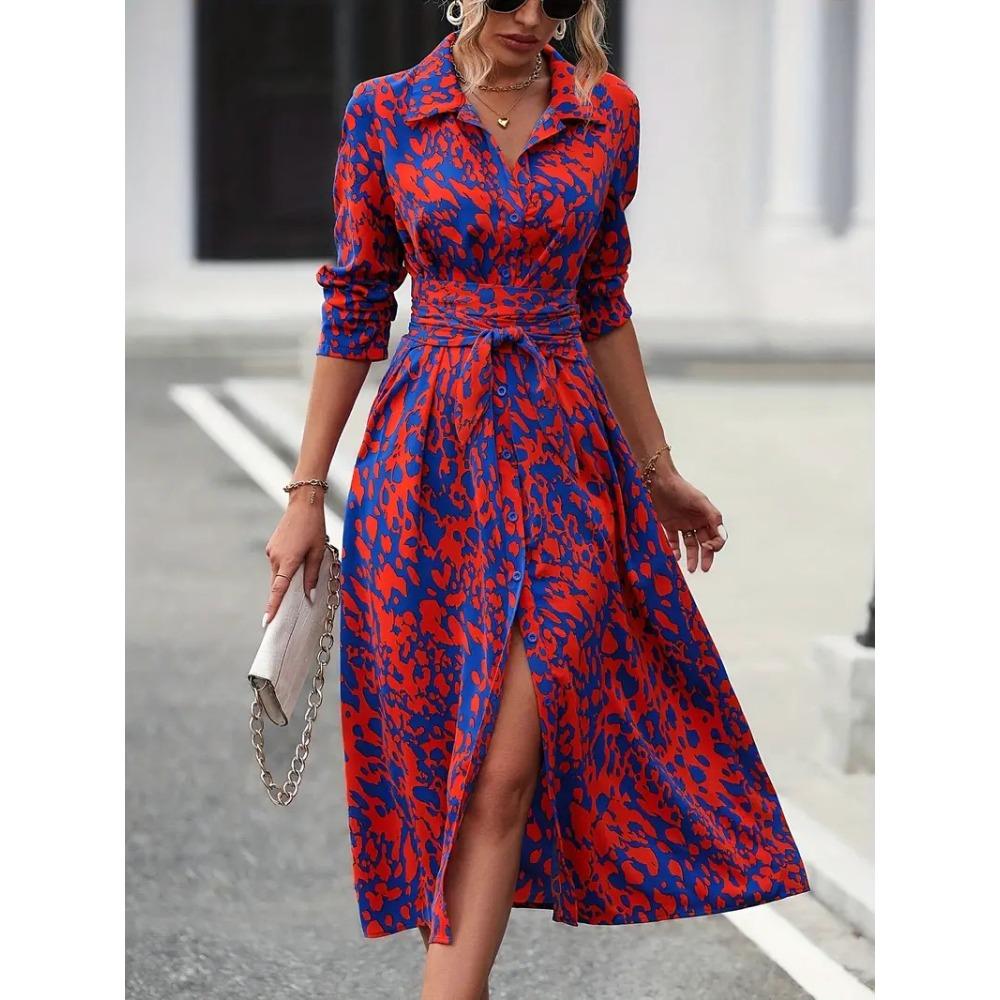 Women's Turn Down Collar Three Quarter Sleeve A-Line Maxi Dress High Waist Commuter Printed Shirt Midi Dress